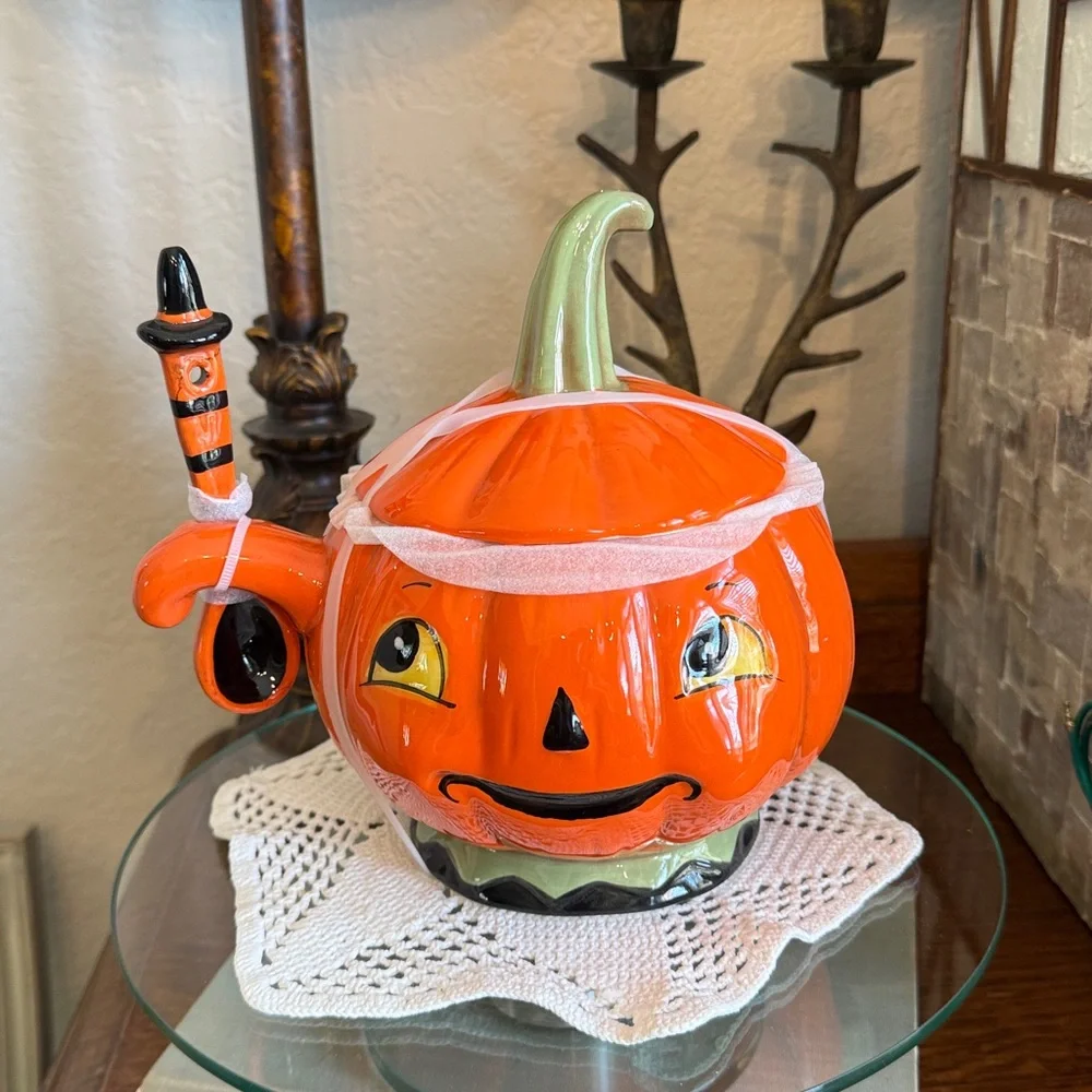 Johanna Parker Halloween Pumpkin Covered Candy Bowl With Spoon NEW